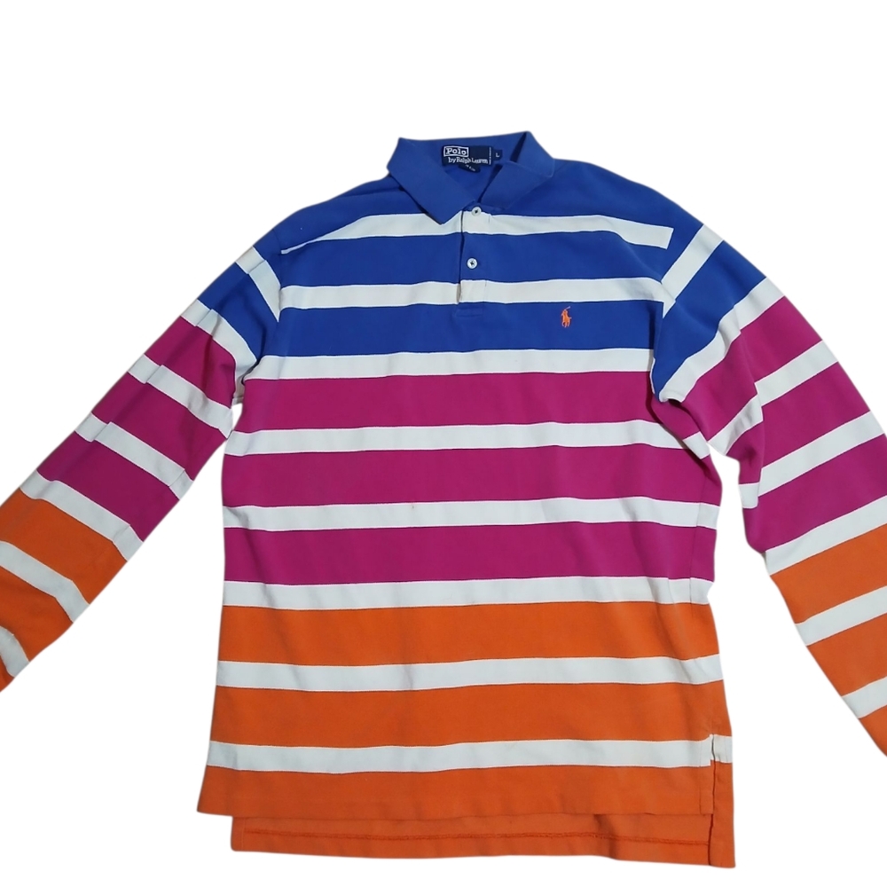 Polo Ralph Lauren Vintage Blue Pink Orange Striped Longsleeve Size Large